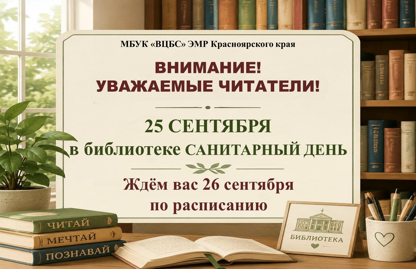 25 сентября в библиотеке - санитарный день