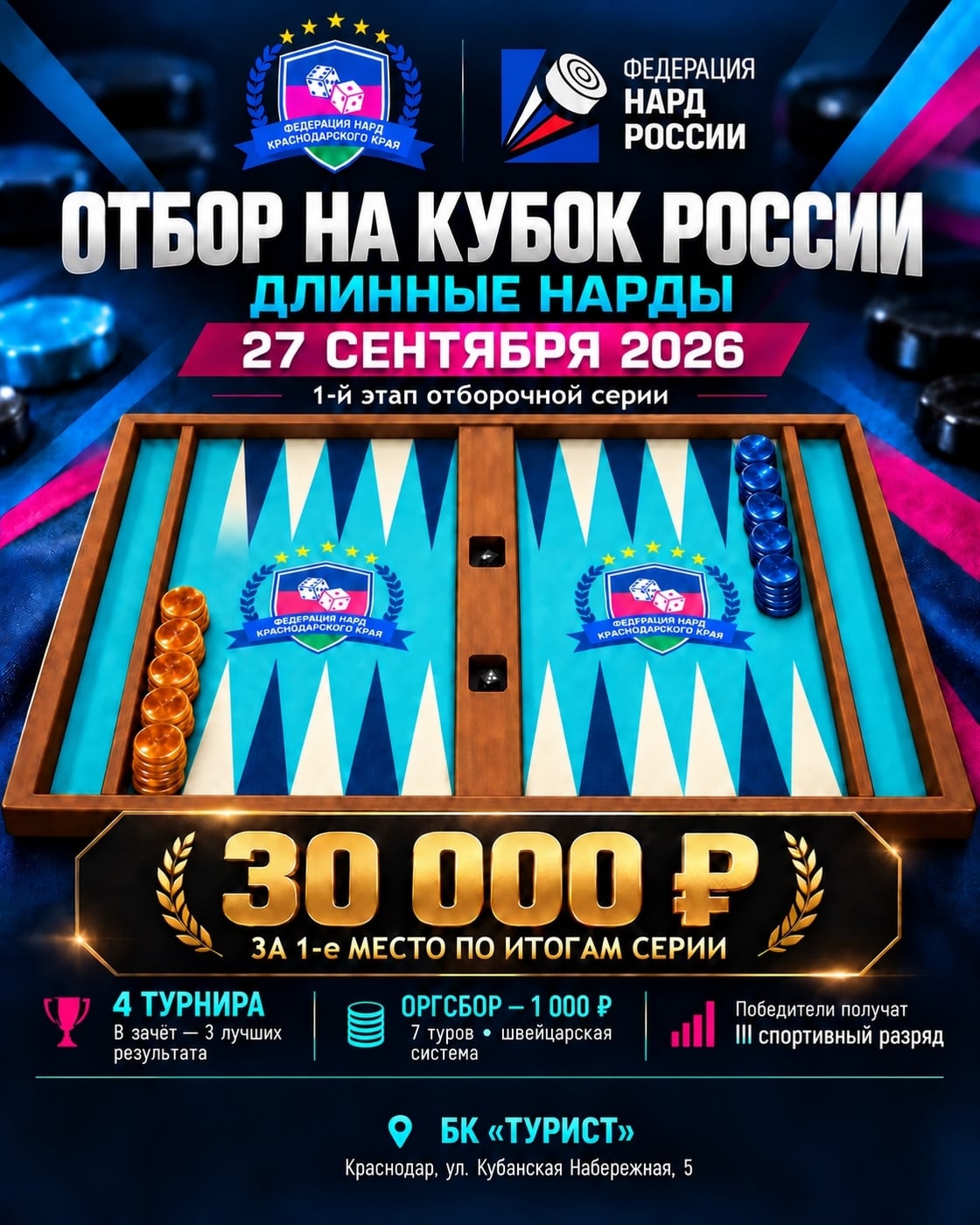 27 СЕНТЯБРЯ — ПЕРВЫЙ ЭТАП ОТБОРА НА КУБОК РОССИИ ПО ДЛИННЫМ НАРДАМ!