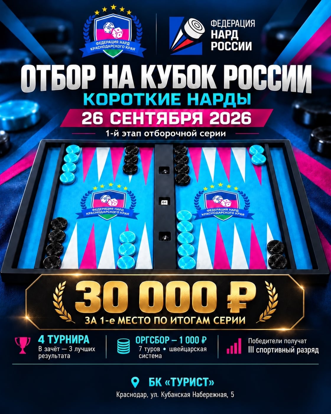 26 СЕНТЯБРЯ — ПЕРВЫЙ ЭТАП ОТБОРА НА КУБОК РОССИИ ПО КОРОТКИМ НАРДАМ!