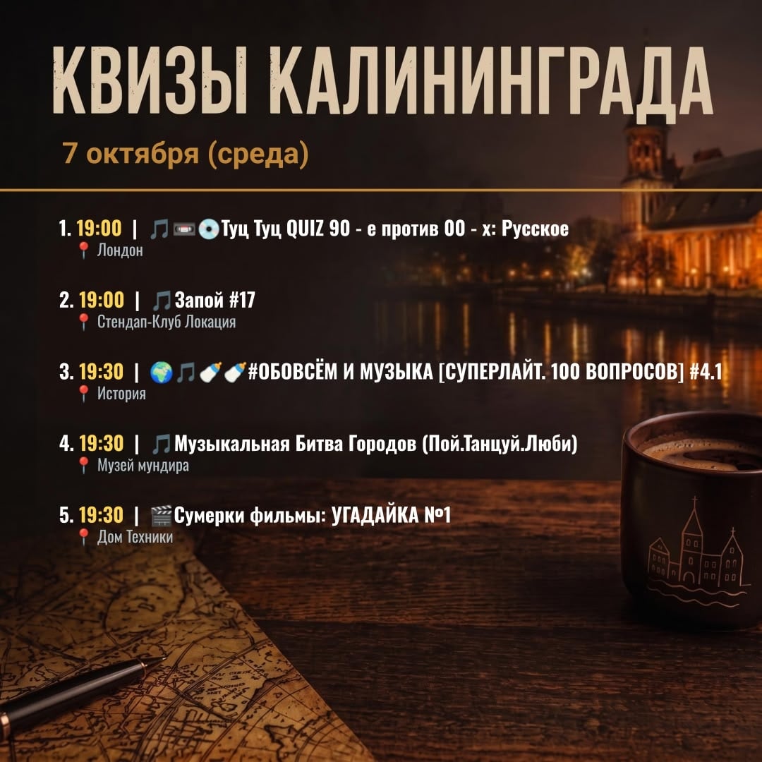Квизы в Калининграде на 7 октября (среда)