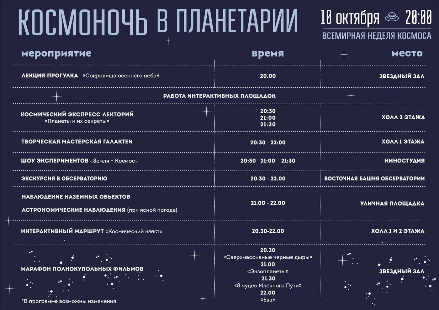 В эту субботу Планетарий не спит — первая «КОСМОНОЧЬ» нового сезона!