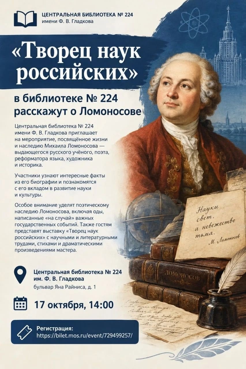 «Творец наук российских»: в библиотеке № 224 расскажут о Ломоносове