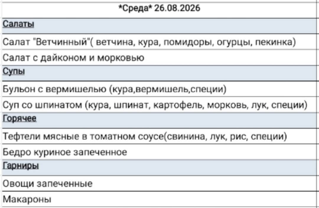 Меню на среду 26.08.2026